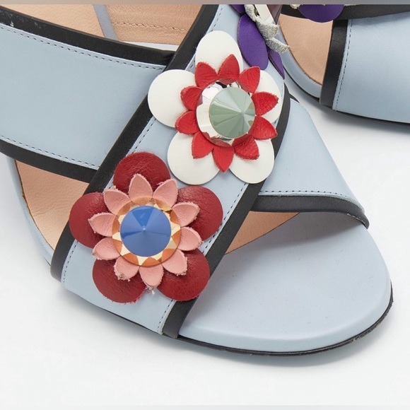 SOLD - FENDI- Light Blue/Black ALL Leather Flowerland Slide Sandals Size 39 - Picture 5 of 9